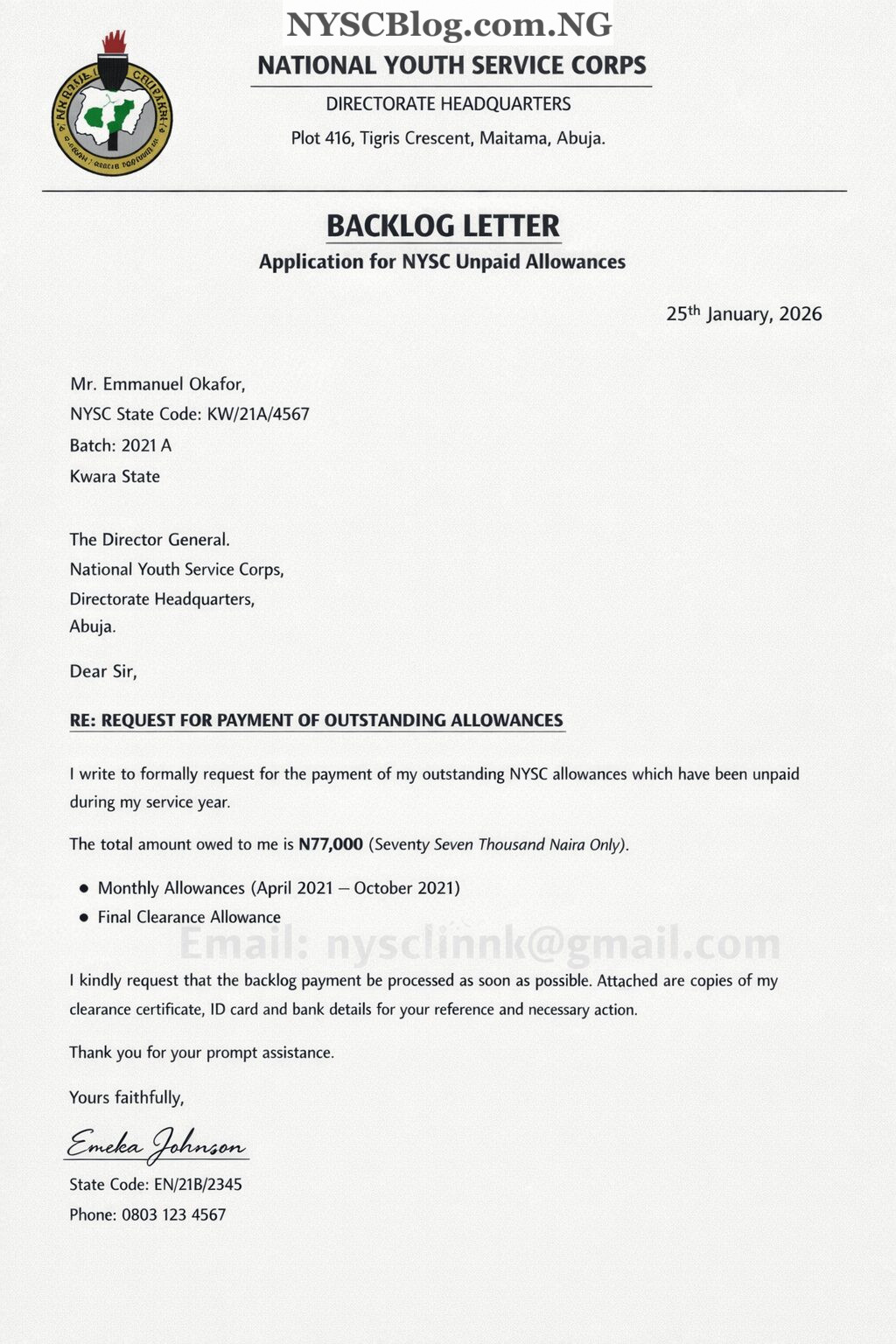Sample PDF Unpaid NYSC Allowances Letter How to Write it